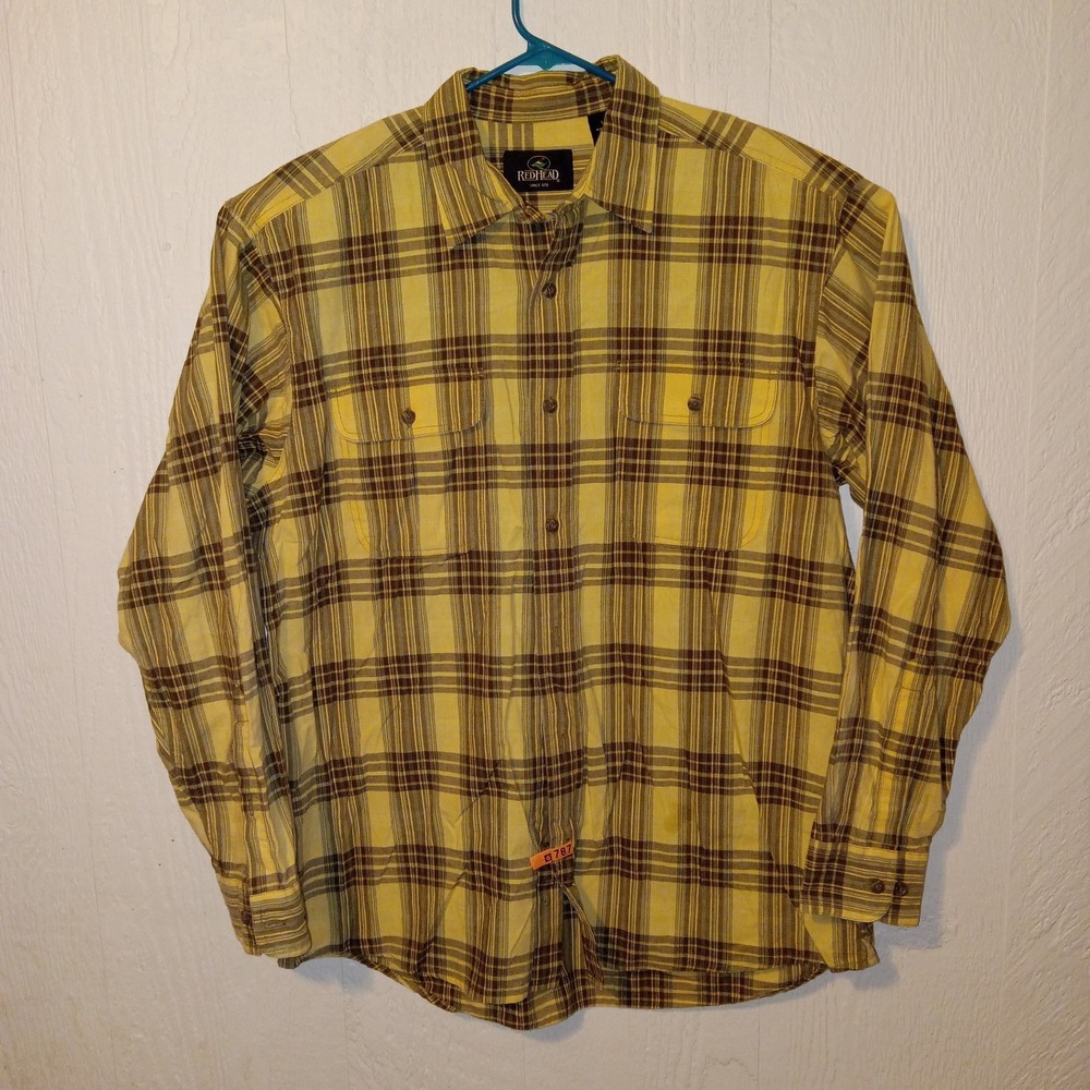 RedHead Plaid Button Down Shirt Mens L Yellow Brown Long Sleeve Workwear Cotton